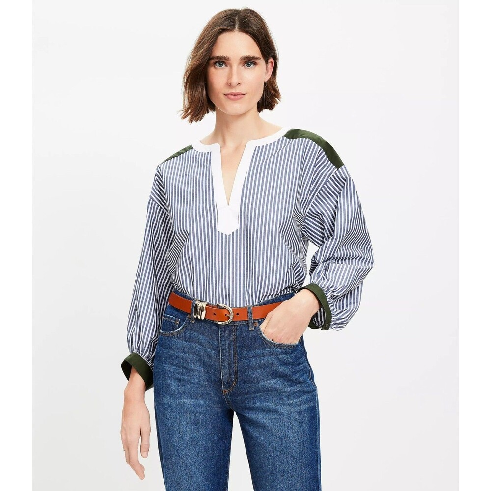 LOFT Women's LARGE Petite Colorblock Striped Poplin Split Neck Blouse